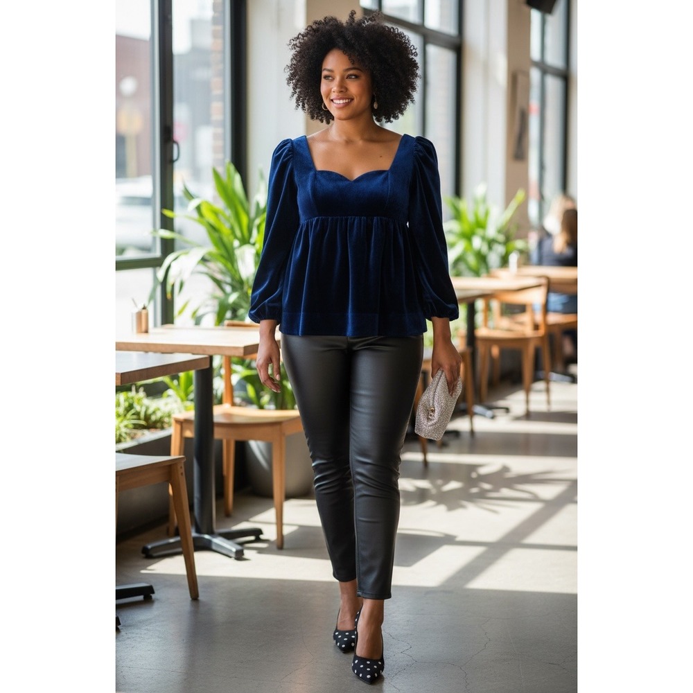Tuckernuck Hyacinth House Sapphire Velvet Sweetheart Sue Blouse Blue Puff Sleeve